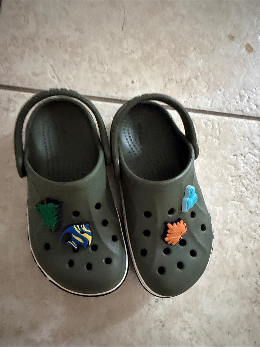 CROCS Kids Olive Green Clogs with Colorful Jibbitz Charms size 10